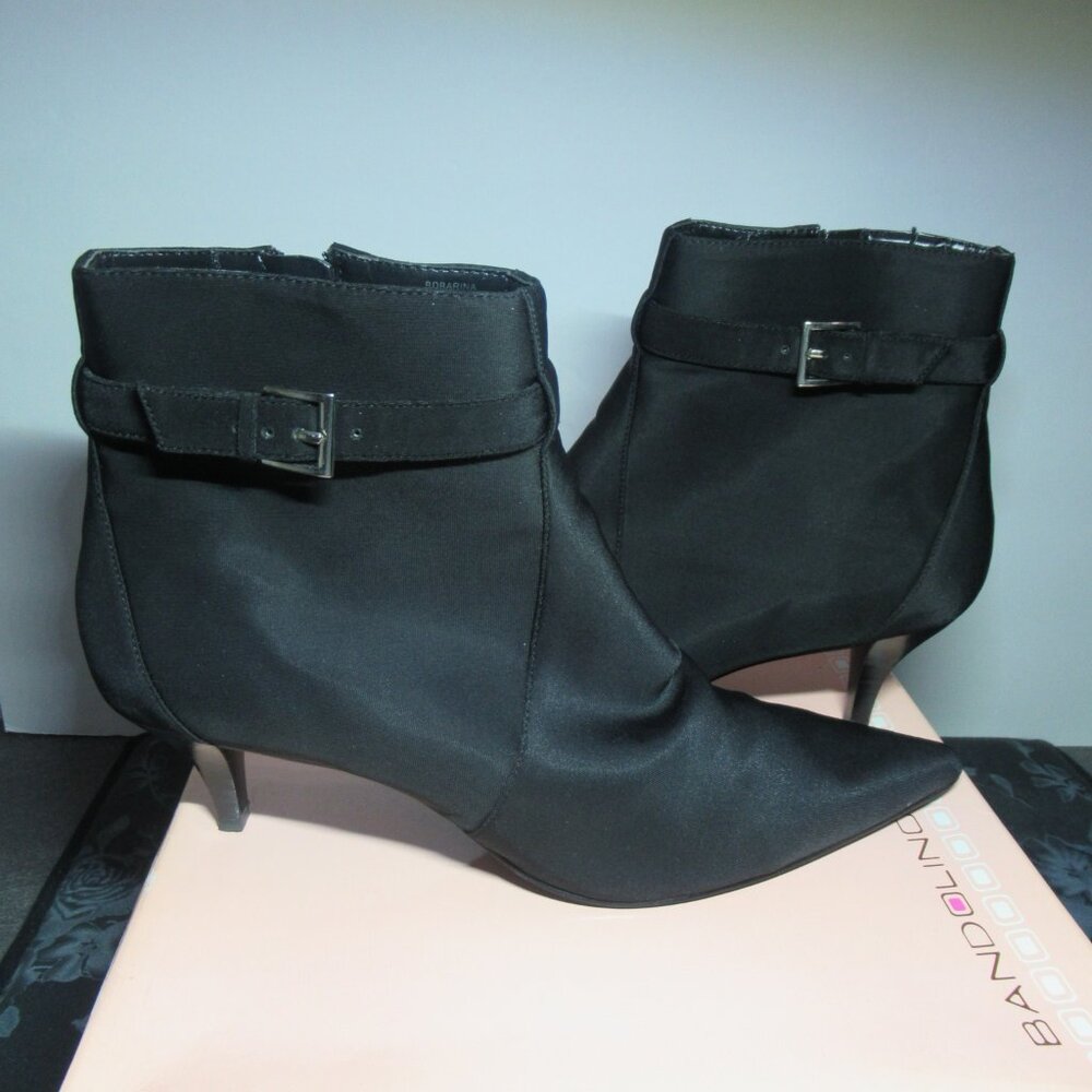 Bandolino Black Fabric Ankle Boots, Decorative Buckle, Pointy, High Heel, Zipper
